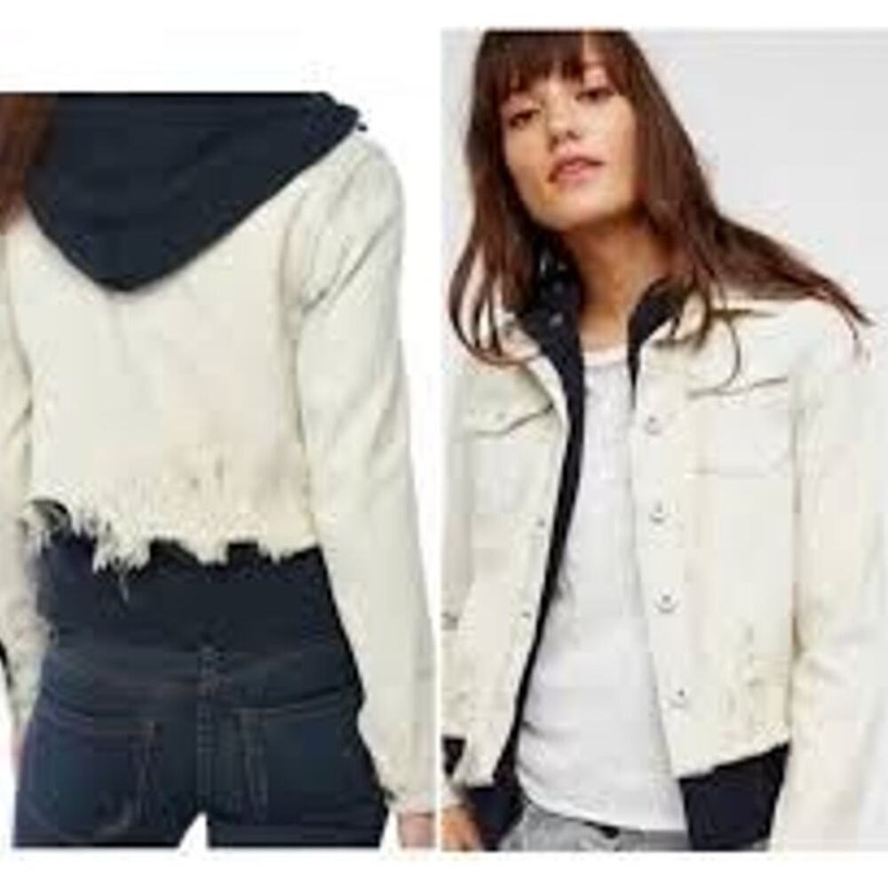 Free People Double Weave Pure Cotton Hooded Denim Jacket in White Liberty Wash